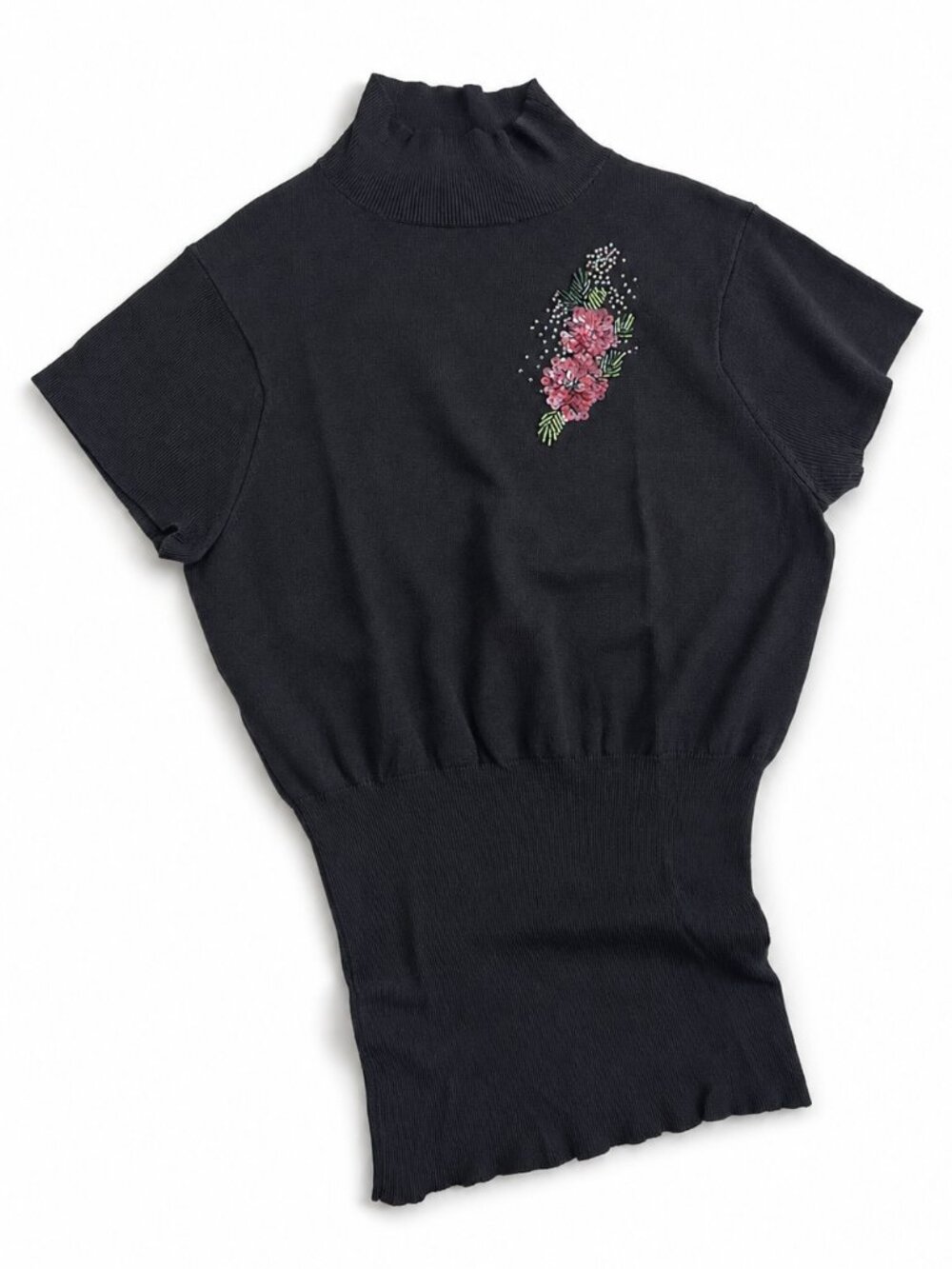 Vintage Betsey Johnson Y2K Silk Mock Neck Short Sleeve Embellished Sweater Top